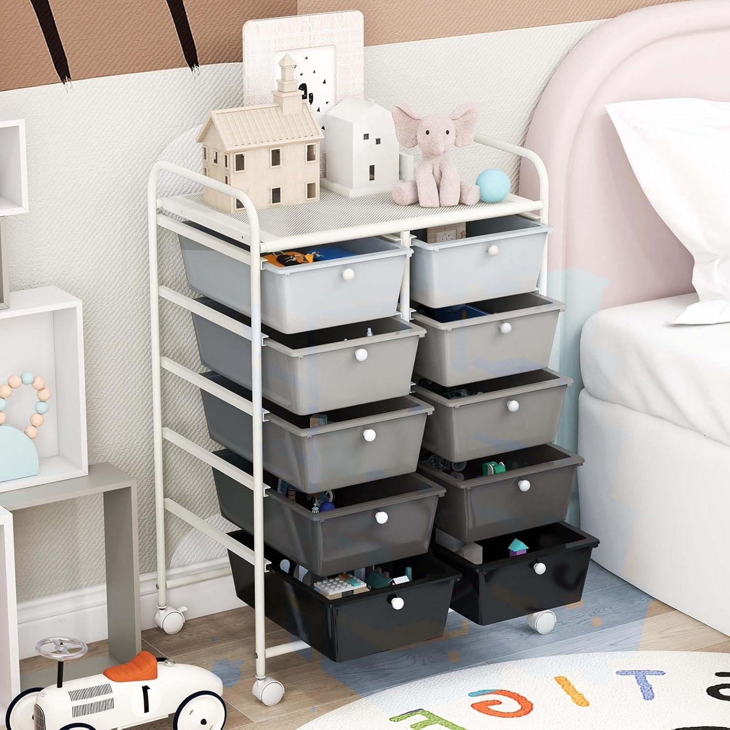 Gradient Black White 10 Drawer Rolling Storage Cart Utility Organizer