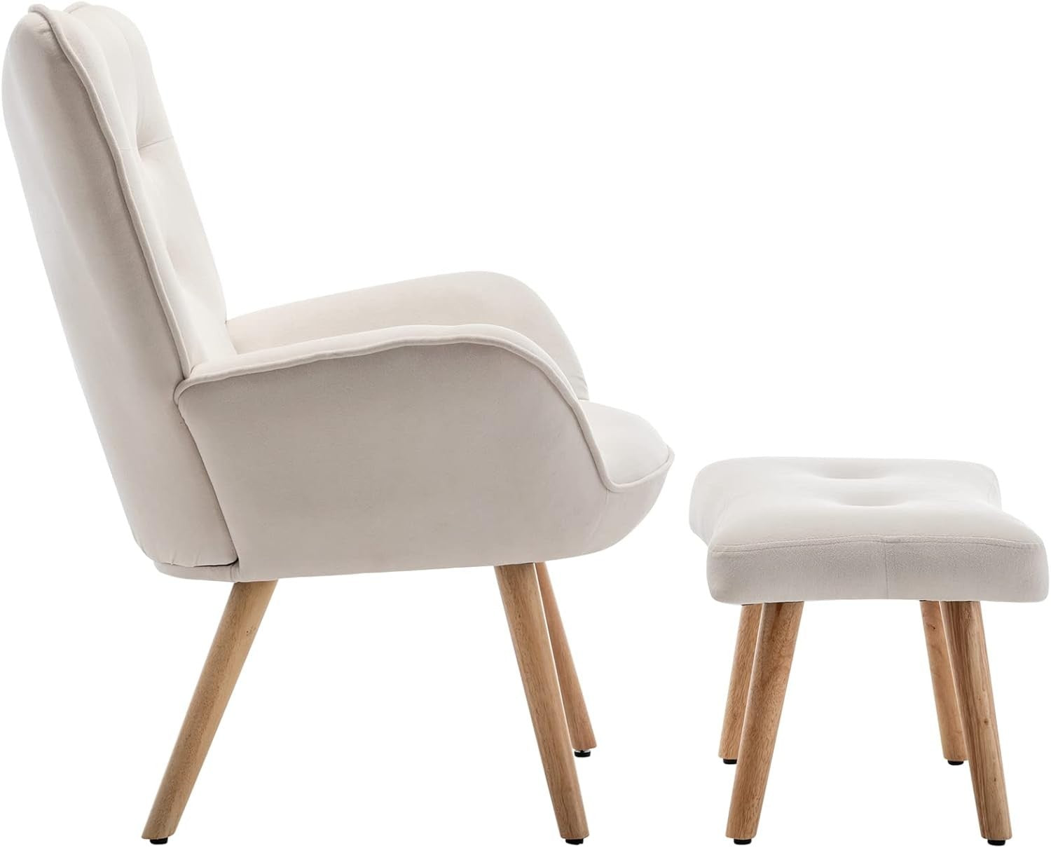 White Velvet Armchair with Footstool, Comfy Reading Lounge Chair Set