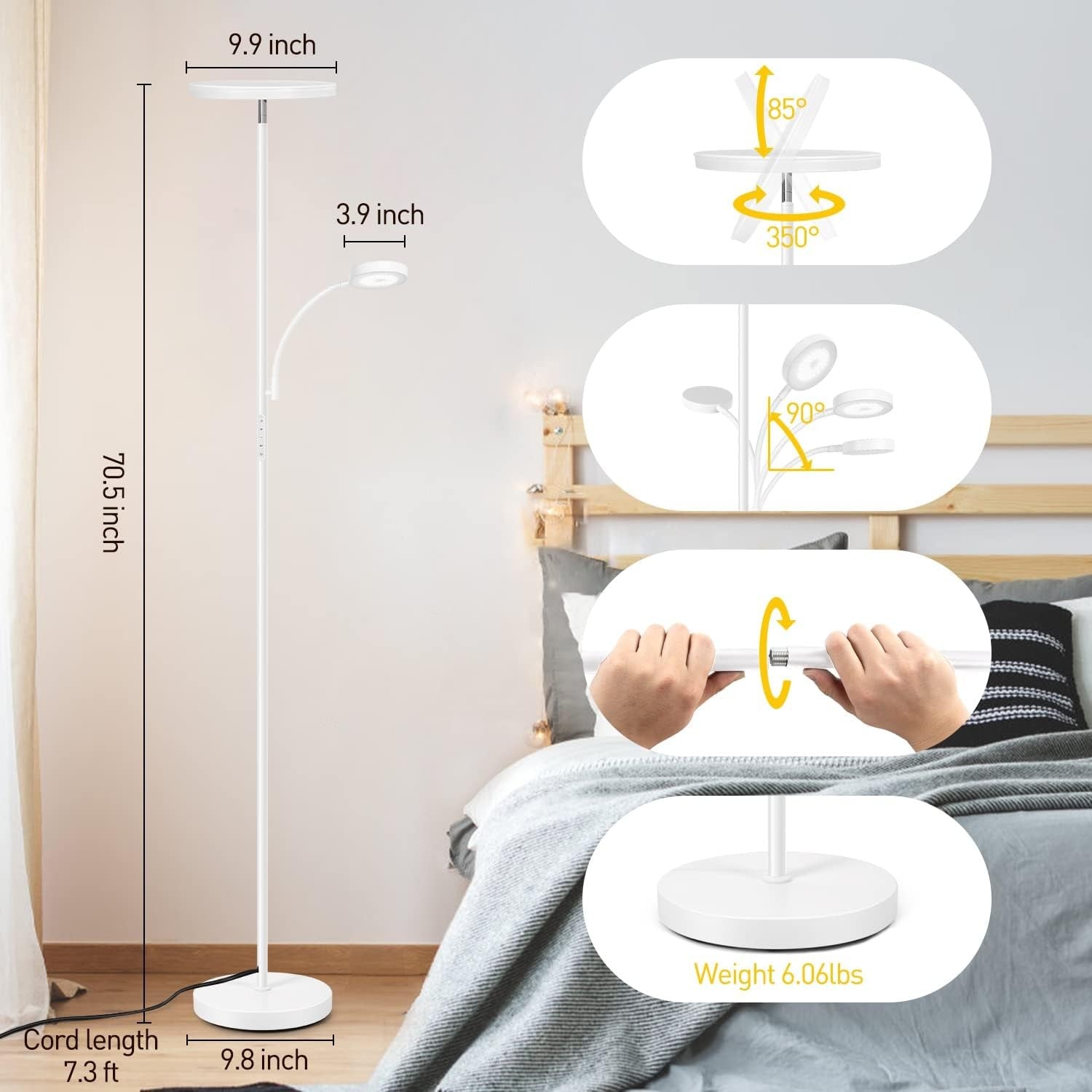 LED Floor Lamp with Reading Light Dimmable Remote Touch Uplighter White