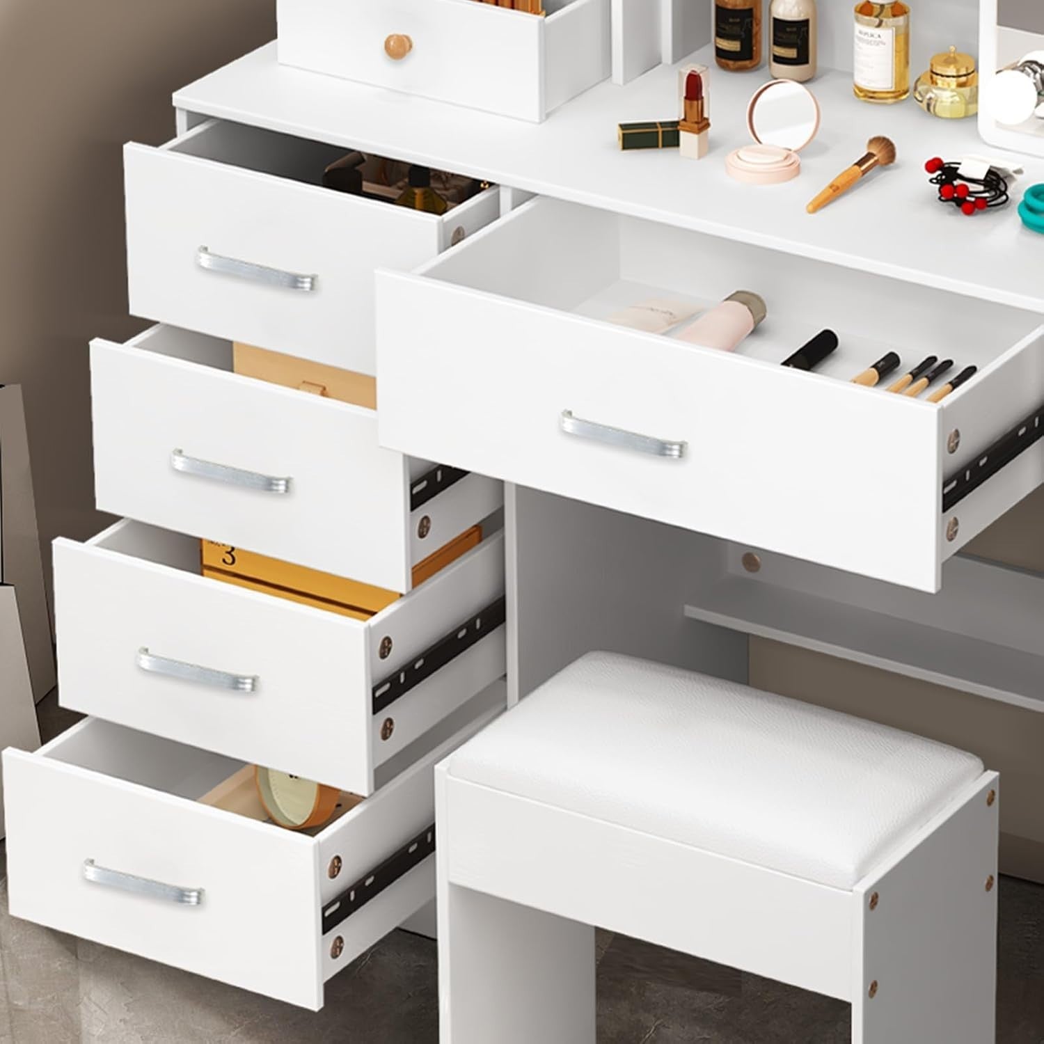 White Vanity Dressing Table w/ LED Mirror 6 Drawers Stool Makeup Desk