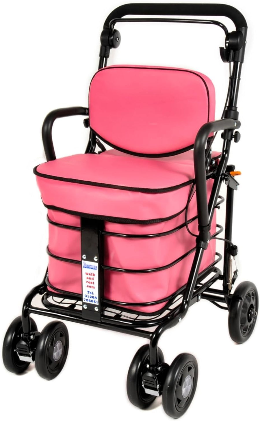 Foldable Mobility Trolley with Seat & Handbrake – Pink Fully Assembled
