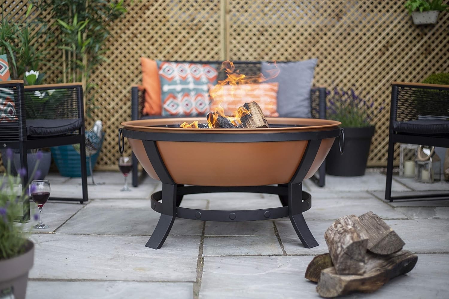 Large Copper Effect Fire Pit with Protective Mesh Lid | Outdoor Garden Heater