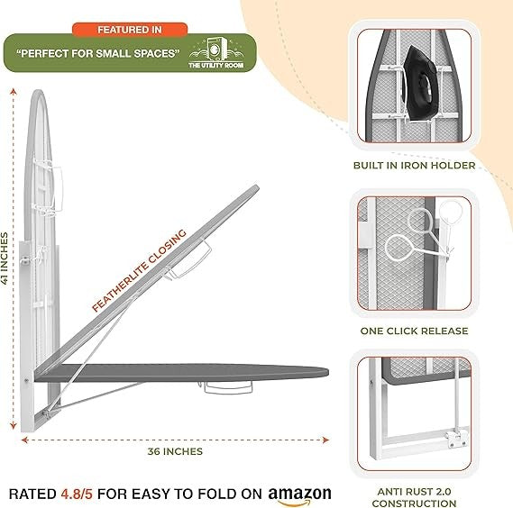 Wall Mounted Folding Ironing Board with Iron Holder Space Saving Compact