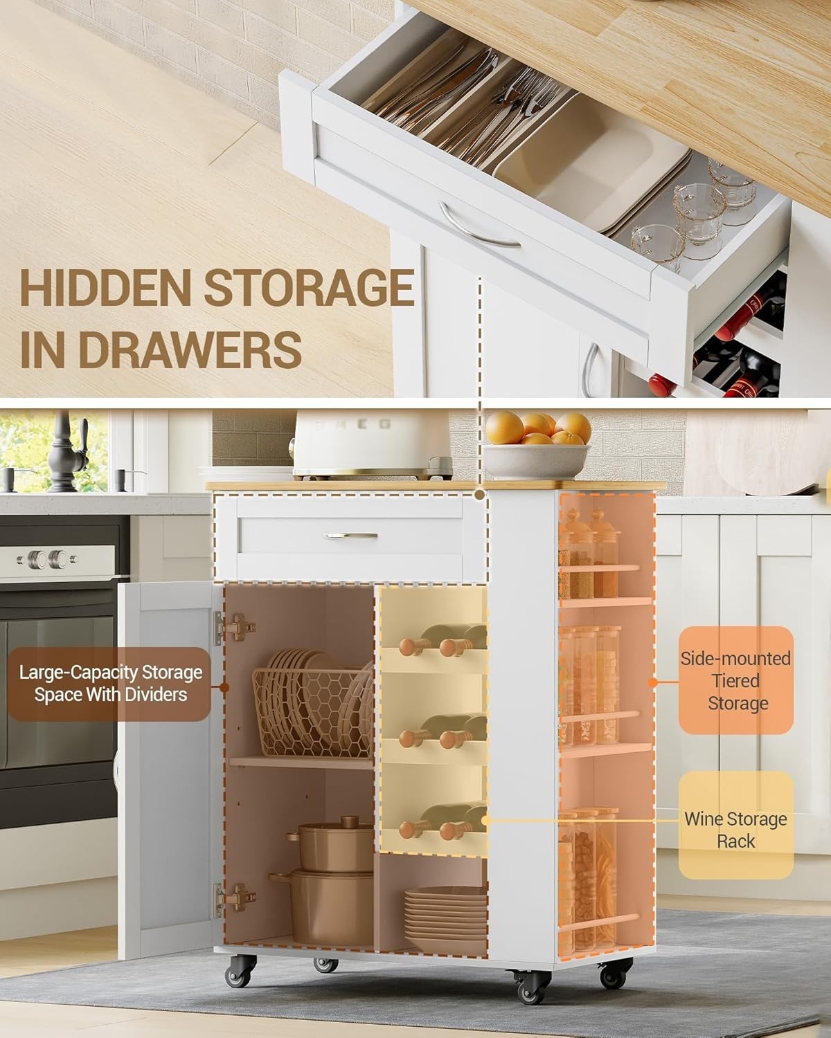 White Rolling Kitchen Island Cart Wine Rack Drawer Shelves