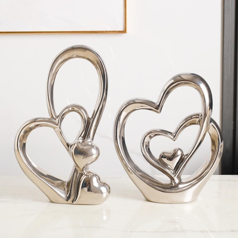 Silver Double Heart Ceramic Sculpture Luxury Modern Romantic Home Decor Ornament