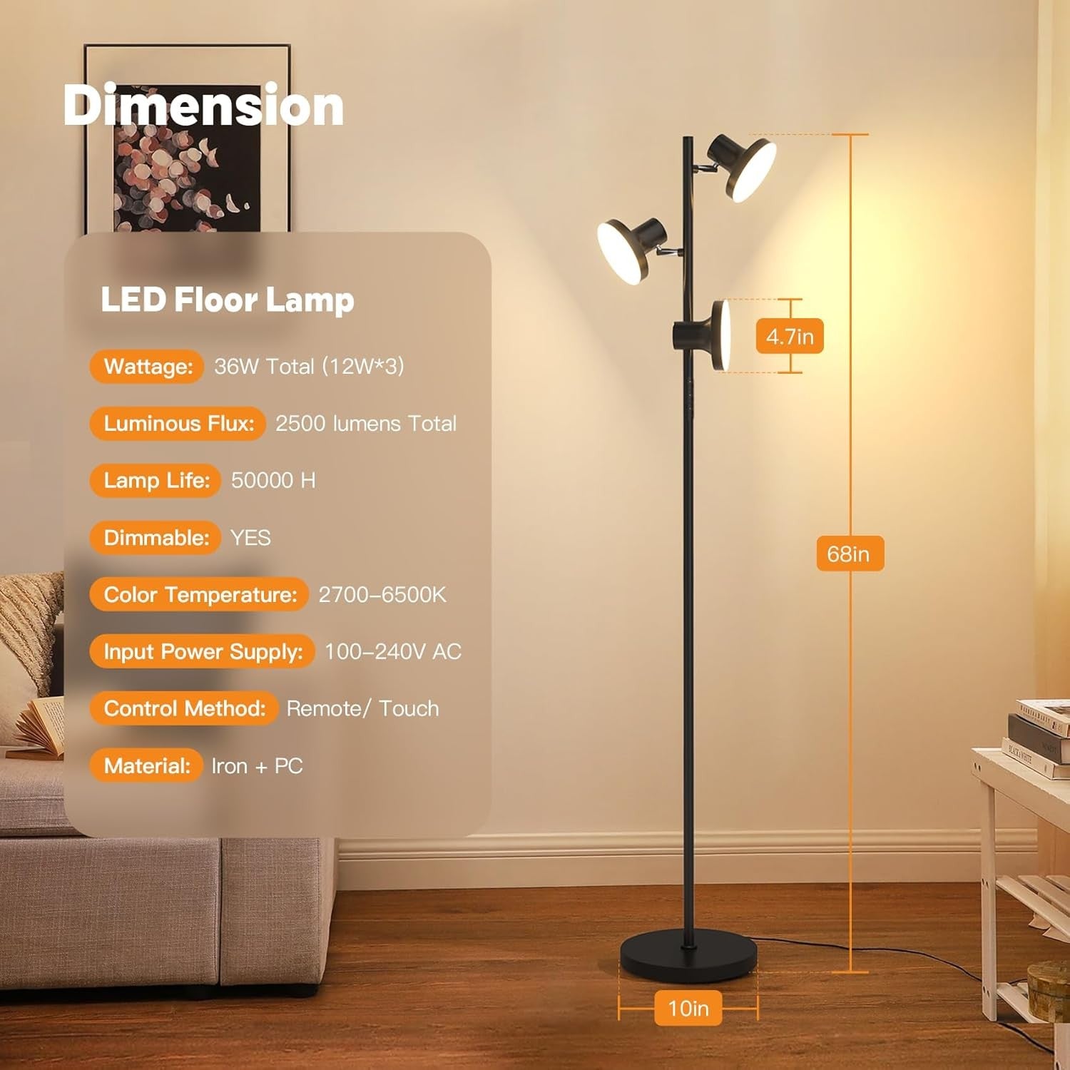 36W LED Tree Floor Lamp Black Dimmable Remote Touch 3 Head Modern Light