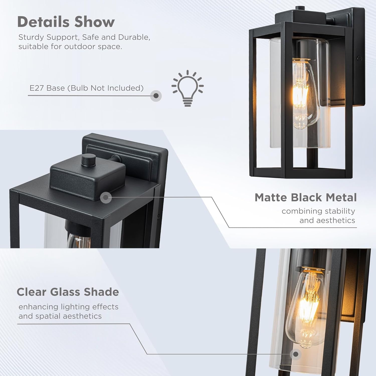 Outdoor Wall Lights, Matte Black E27 Porch Lantern, IP44 Waterproof