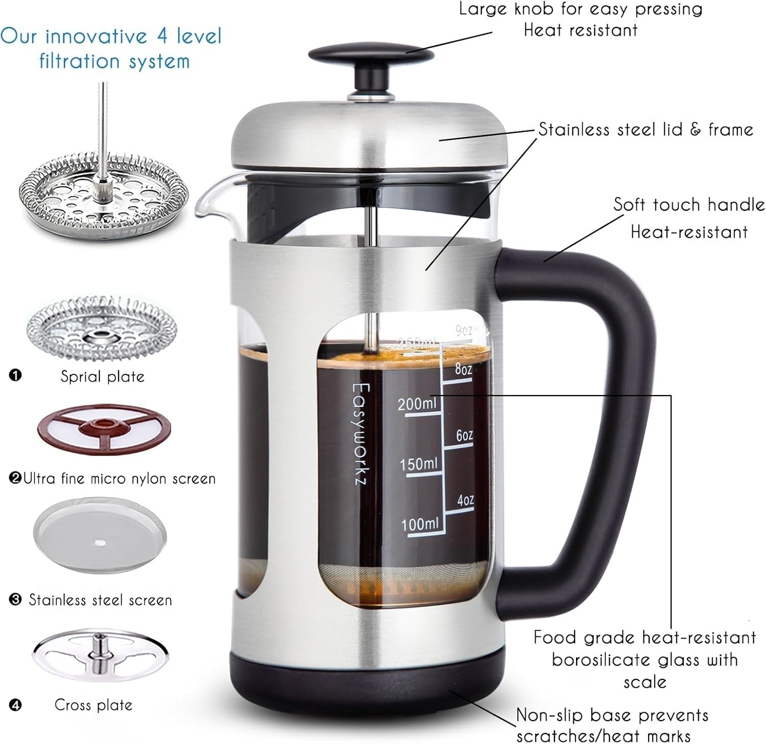 Stainless Steel French Press 350ml Coffee Maker Heat-Resistant Glass Soft Grip