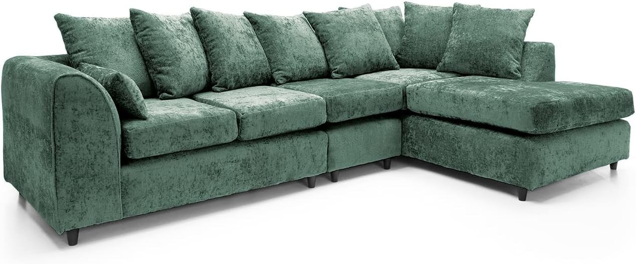 Large Green Chenille Corner Sofa – Right Hand L-Shaped Couch – 5 Seater