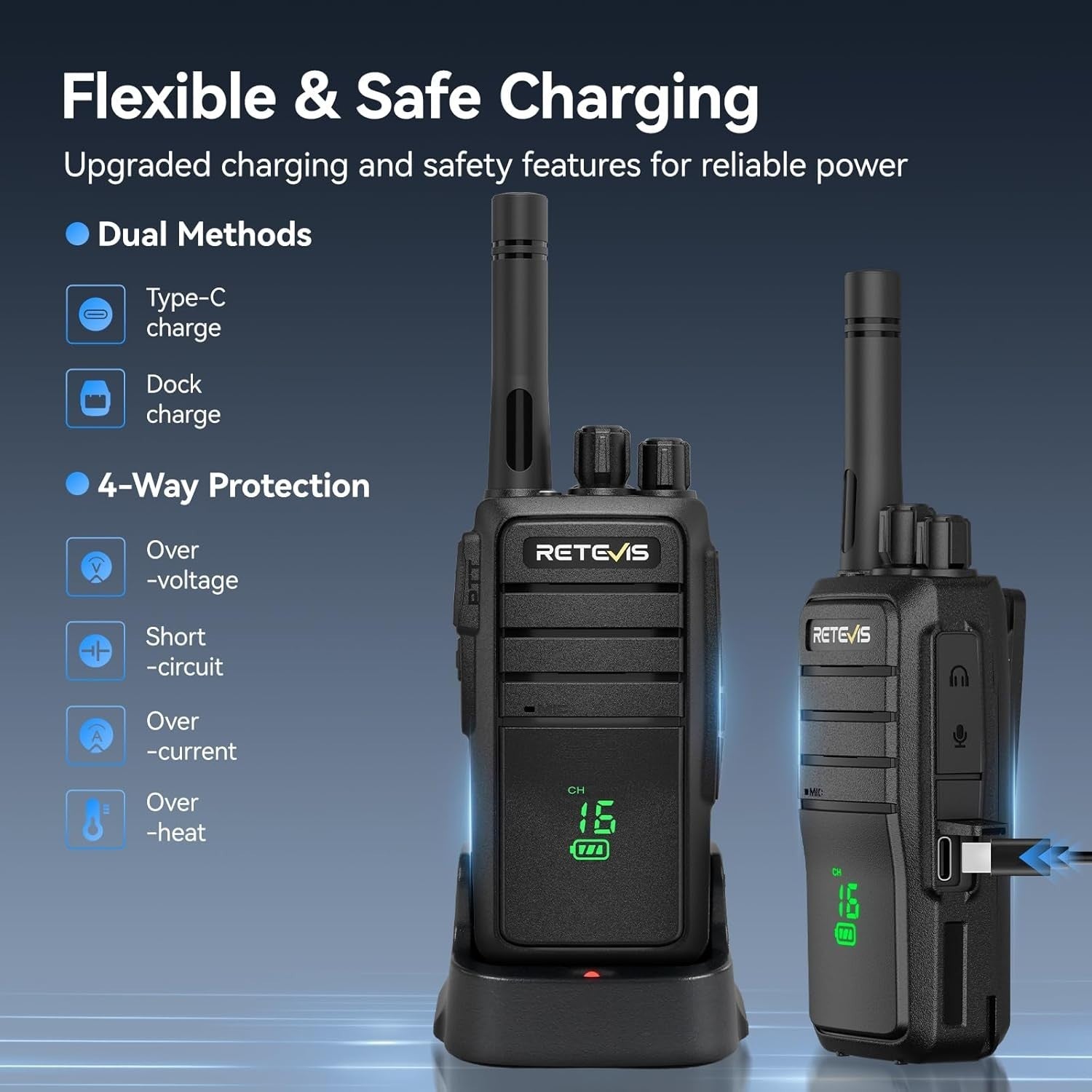 Rugged Walkie Talkies IP54 USB-C Hidden Screen Long Range 4 Pack