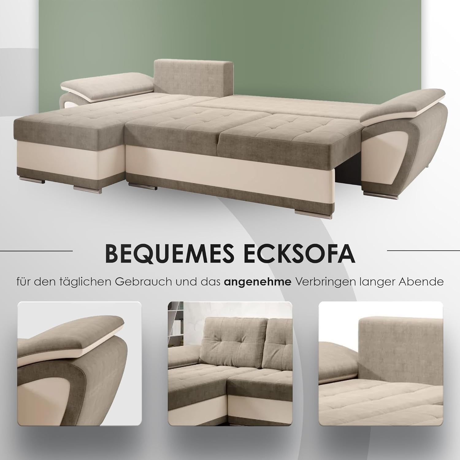 L Shape Corner Sofa Bed with Storage, Modern Convertible Sleeper, Turquoise
