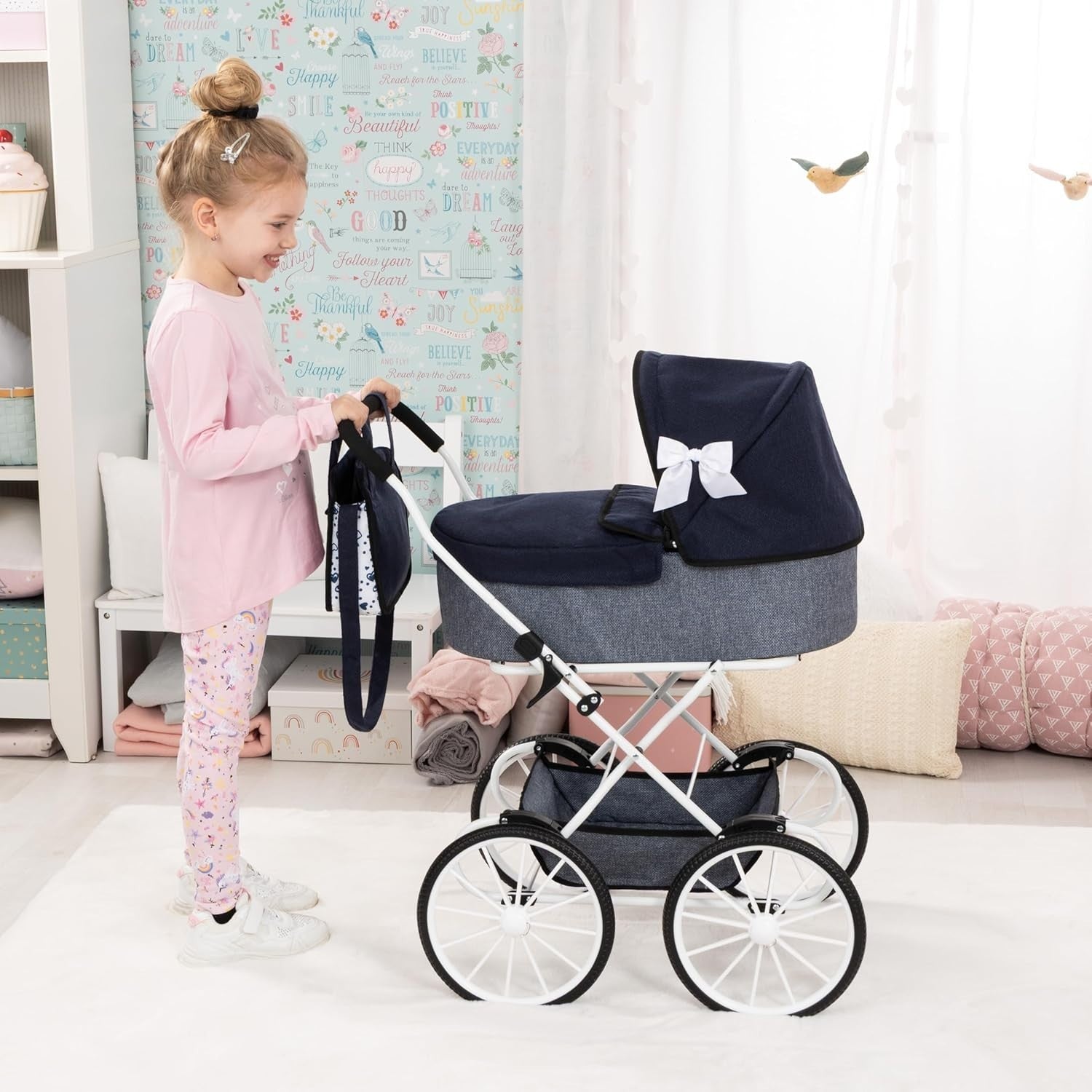 Classic Dolls Pram Nostalgic Style Foldable Pushchair Basket Bag