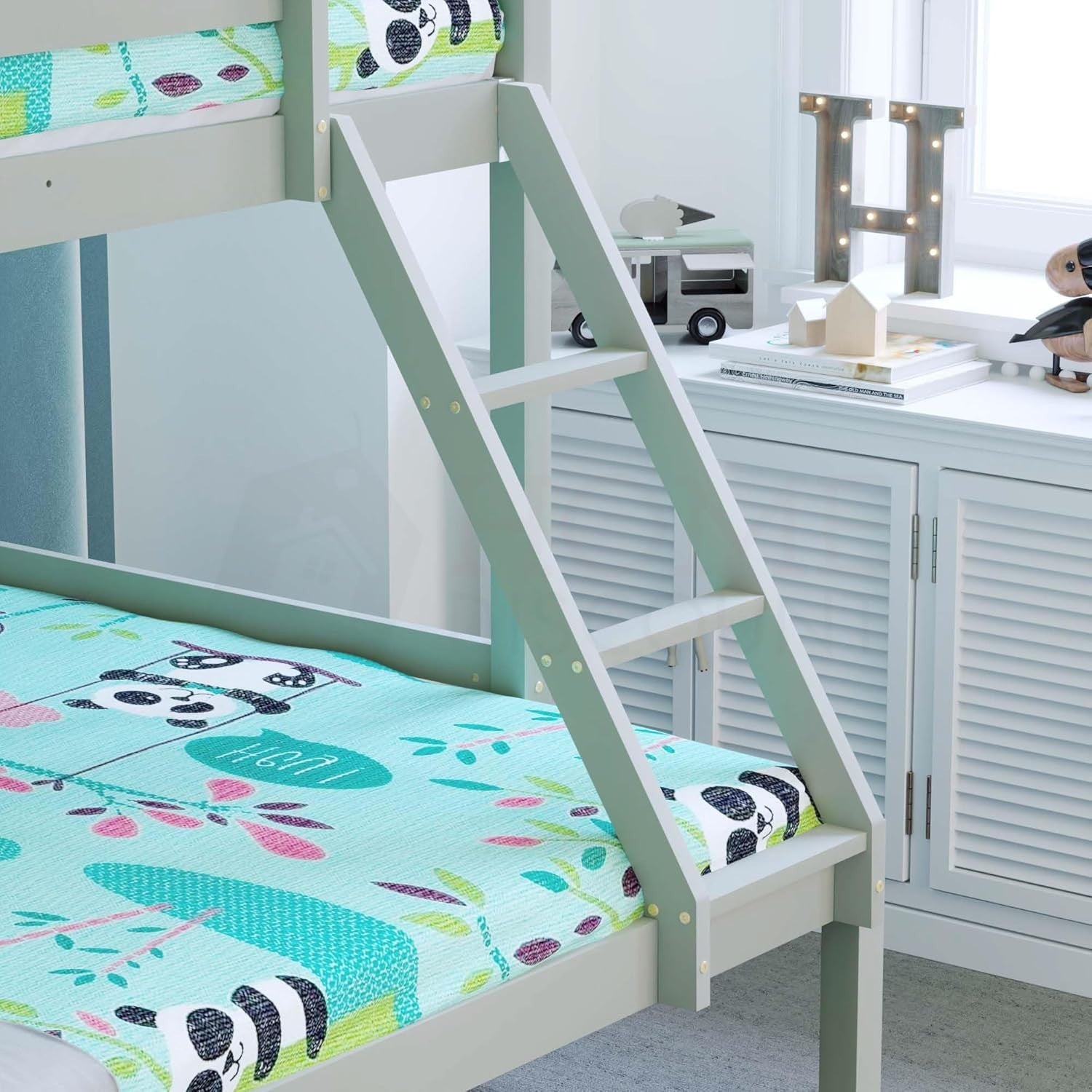 Triple Bunk Bed Grey Wooden Frame Kids Sleeper with Ladder 4FT 3FT Safe
