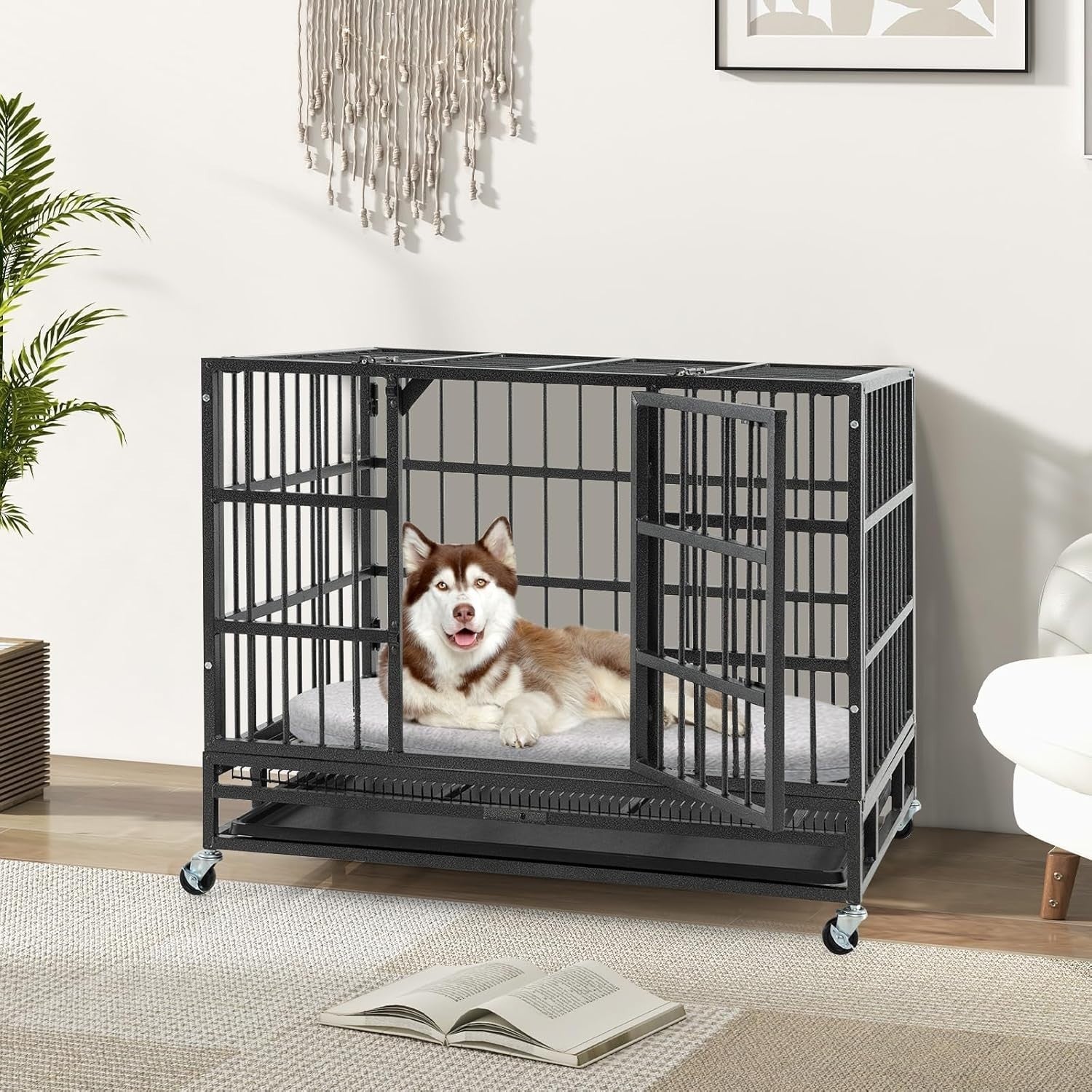 Heavy-Duty Foldable Dog Crate with Lockable Doors & Wheels for Large Dogs