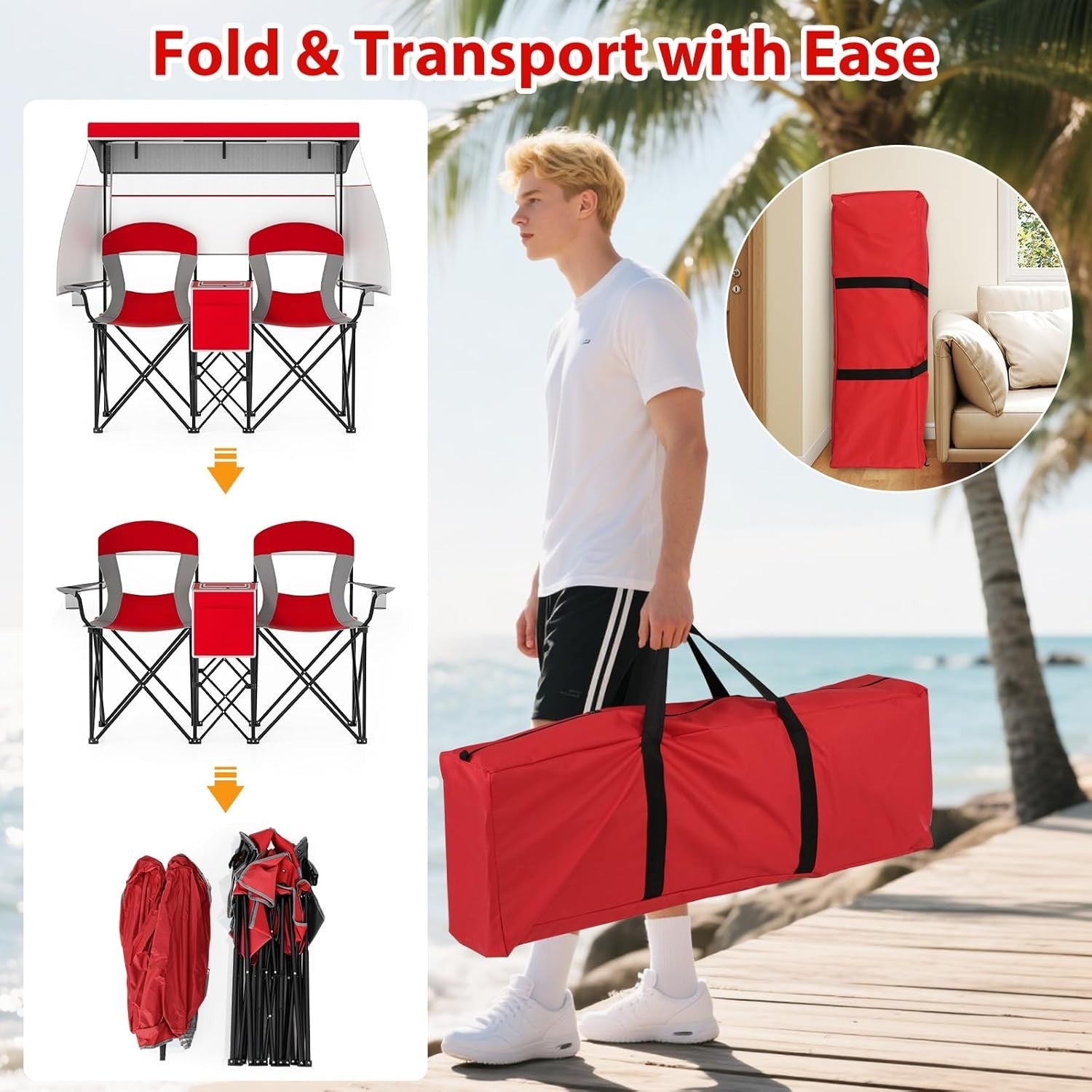 Red Folding Camping Loveseat w/ Canopy, Cup Holders & Cooler Bag, 2 Seat