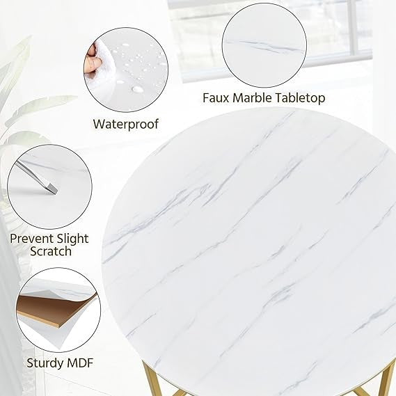Round Marble Side Tables Set of 2, Gold Metal Frame, Modern X-Base Sofa