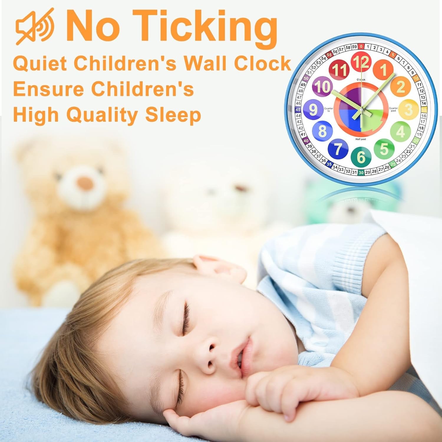 Kids Rainbow Learning Wall Clock 12" Silent Colourful Teaching Time Clock Bedroo