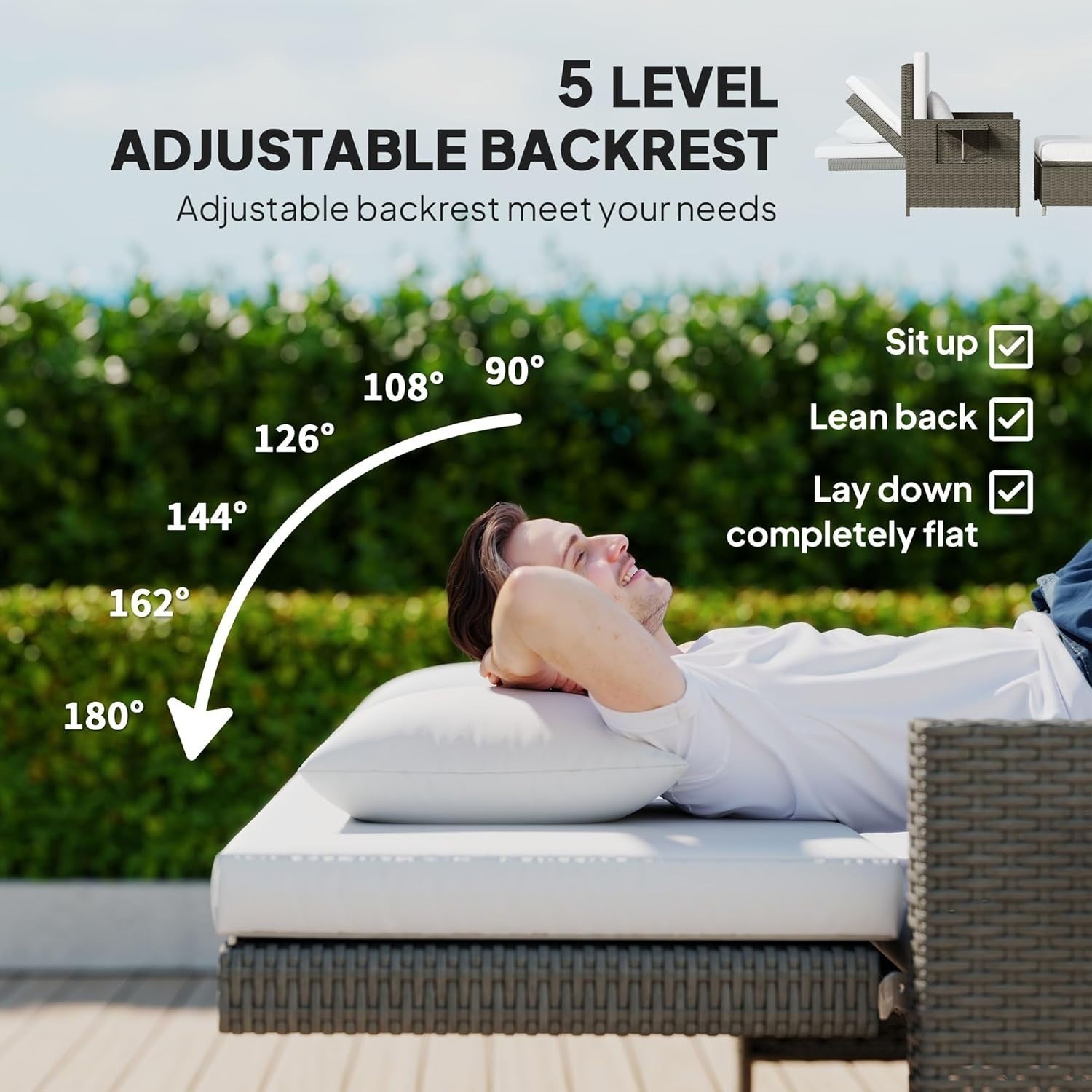 3-in-1 Light Grey Rattan Outdoor Daybed with Adjustable Back & Ottoman