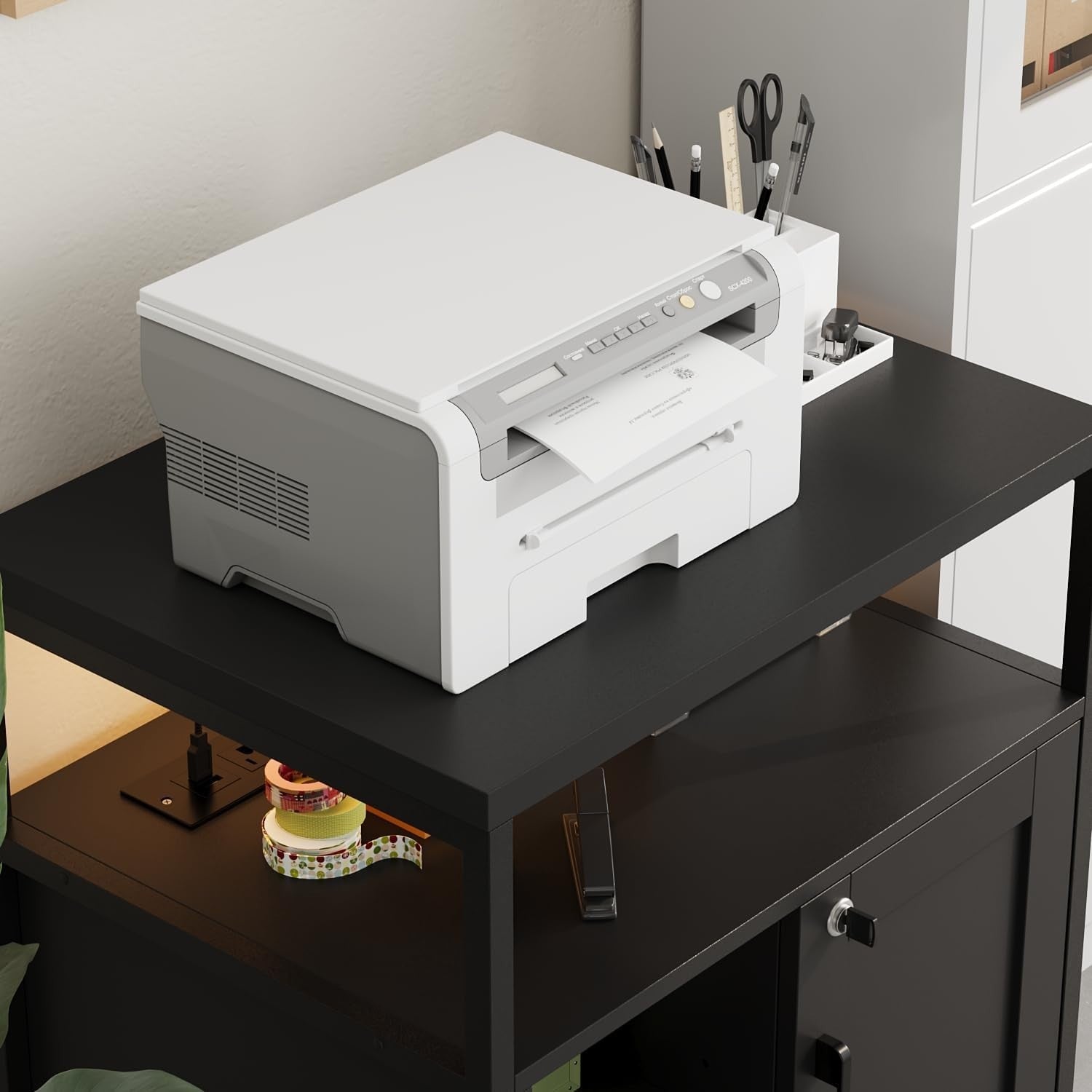 Black LED Mobile File Cabinet 65cm Lockable Printer Stand