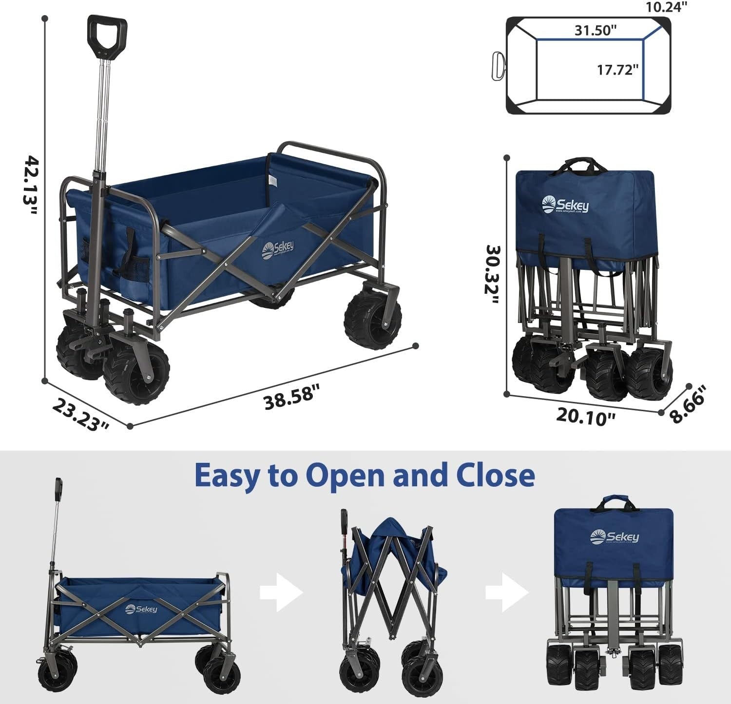 Blue 440lb Heavy Duty Folding Wagon Trolley w/ Wide All-Terrain Wheels & Brake