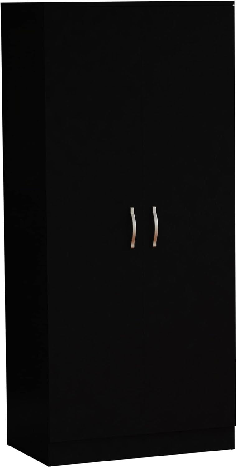 Black 2 Door Wardrobe With Shelf & Rail, Modern Bedroom Storage Unit