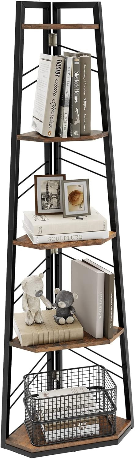 5-Tier Industrial Corner Shelf Unit – Space-Saving Ladder Bookcase for Living