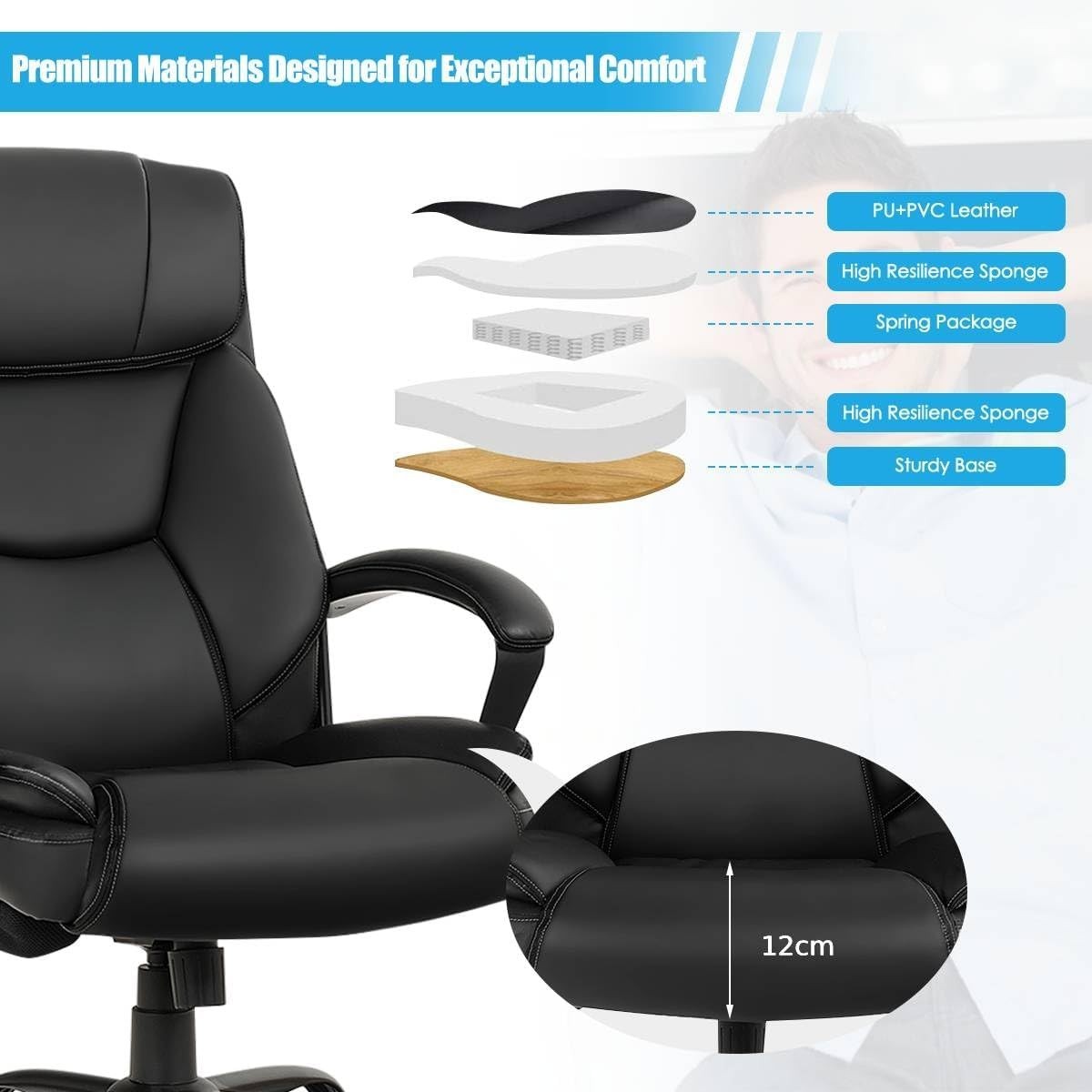 Big & Tall Massage Office Chair 500lbs PU Leather Recline Swivel Ergonomic