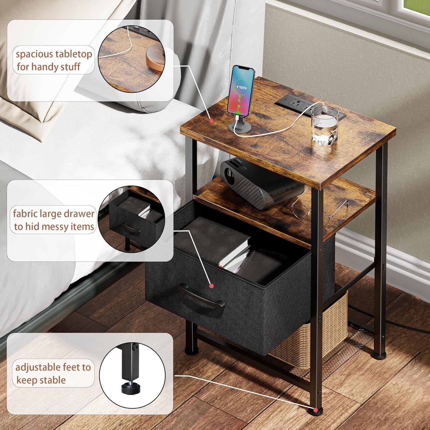 Set of 2 Rustic Brown LED Bedside Tables with Drawer, USB Ports & Power Outlets