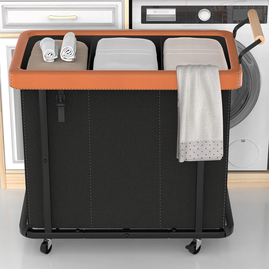 230L 3-Section Laundry Hamper With Lid Wheels Heavy Duty Sorting Basket Black