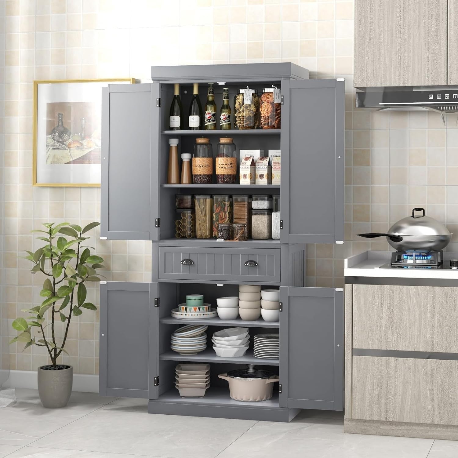 Grey Tall Kitchen Cupboard 183cm Pantry Storage Cabinet Drawer Shelves