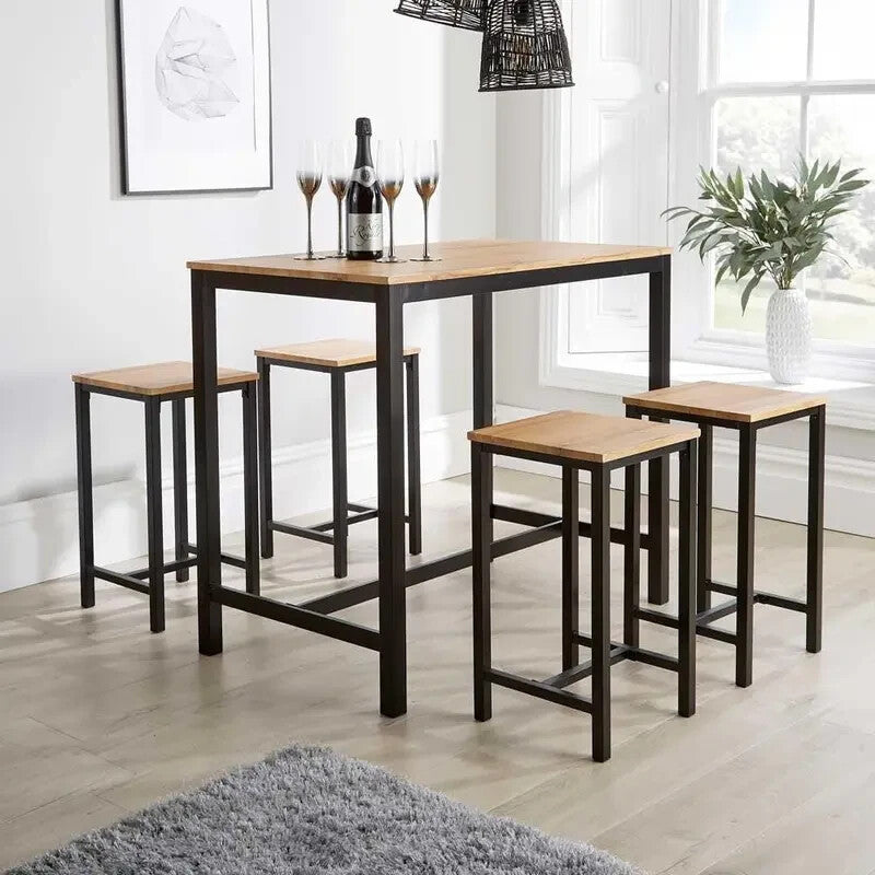 5 Piece Bar Table Set Black Metal Frame & Wood Top with 4 Breakfast Stools