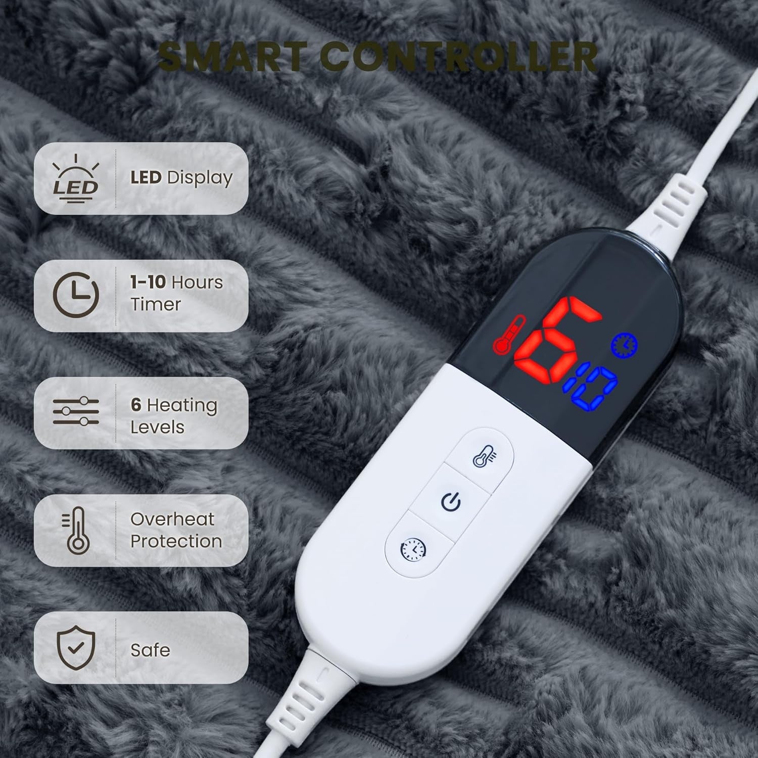 Electric Heated Throw Blanket Grey 130x180cm 6 Heat Settings Auto Off