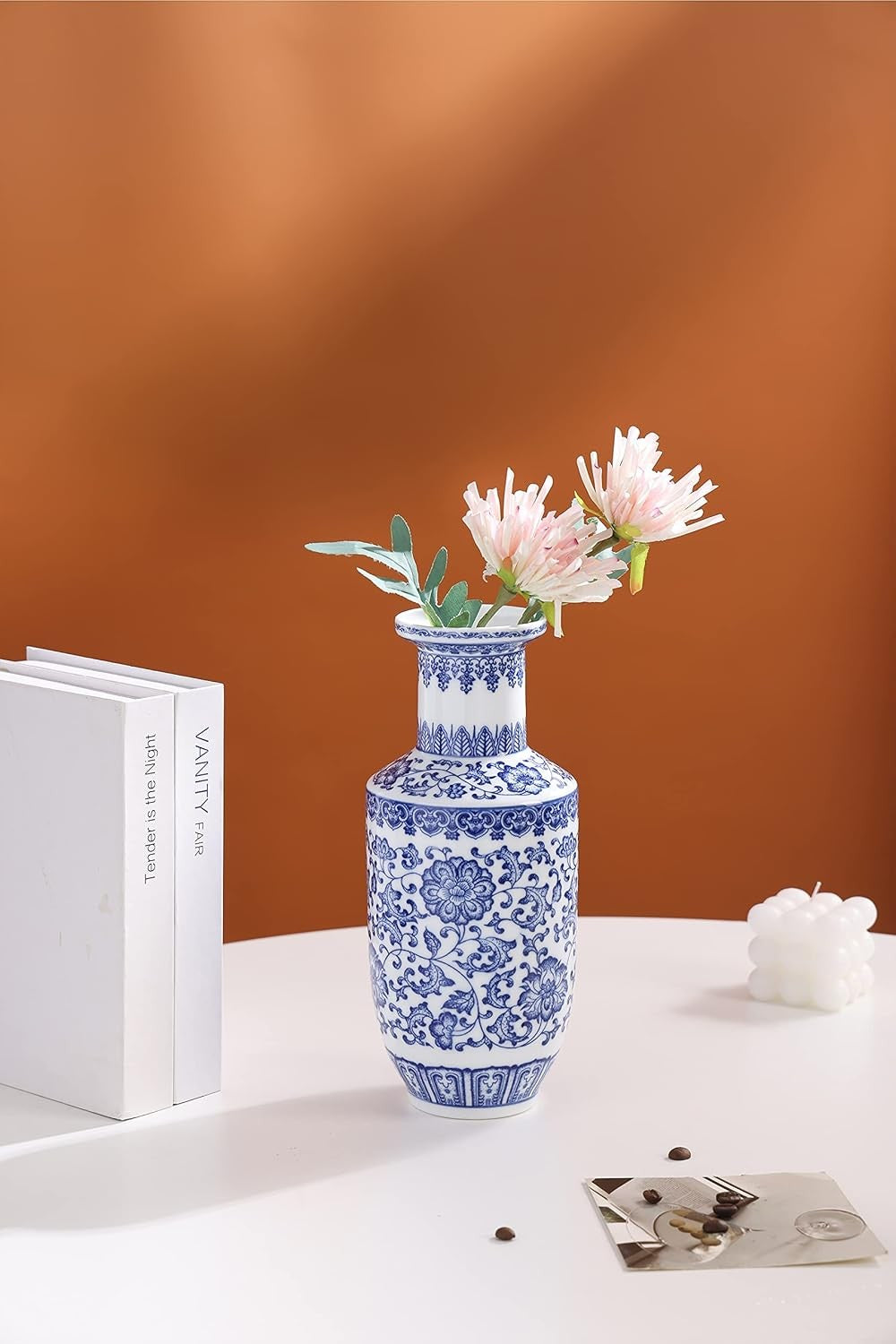 Blue White Chinoiserie Ceramic Vase 10in Glossy Floral Table Centerpiece