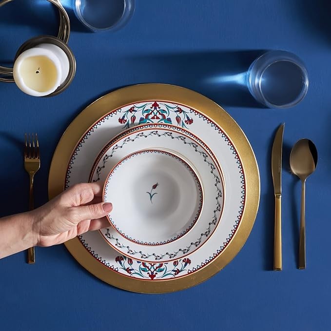 24 Piece Bone China Dinner Set for 6 White Patterned Plates Bowls Crockery