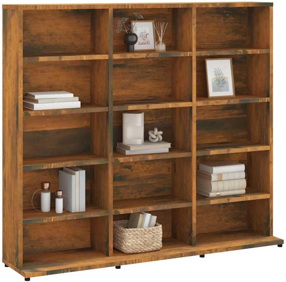 CD Storage Cabinet 15 Compartment Media Shelf Bookcase Smoked Oak