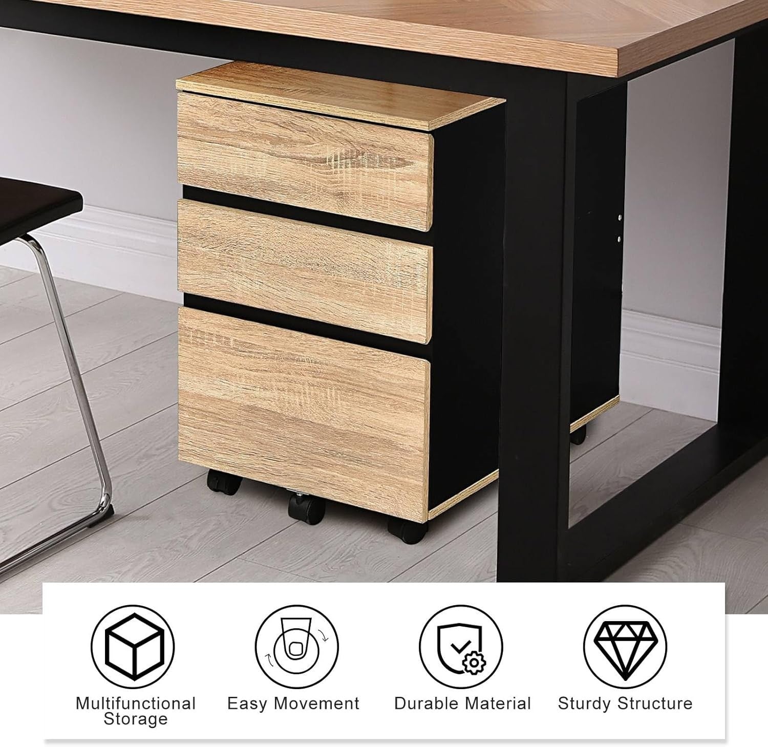 Lockable 3 Drawer Mobile Filing Cabinet Under Desk Office Storage Black
