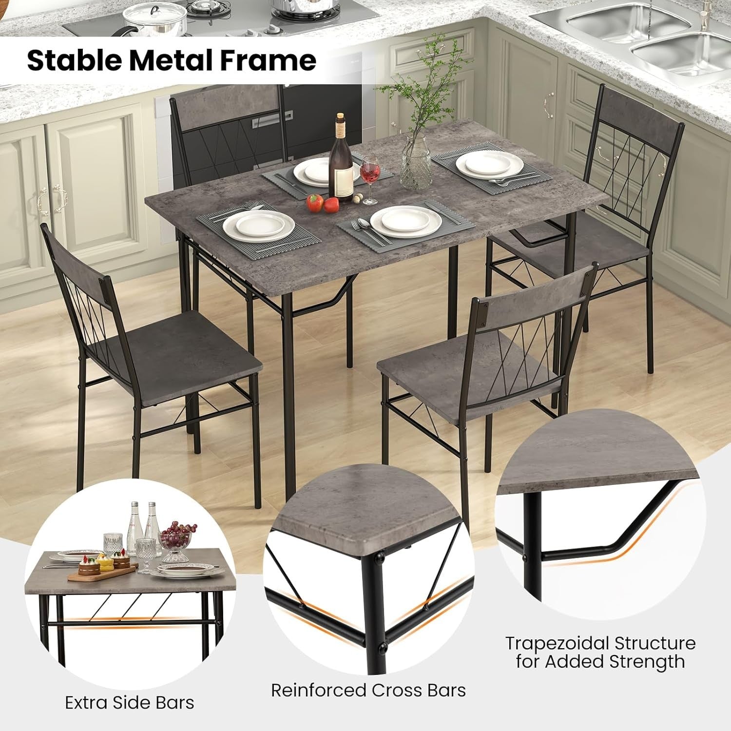 Gray Cement Texture Dining Table Set 4 Chairs | Space-Saving Kitchen Fit