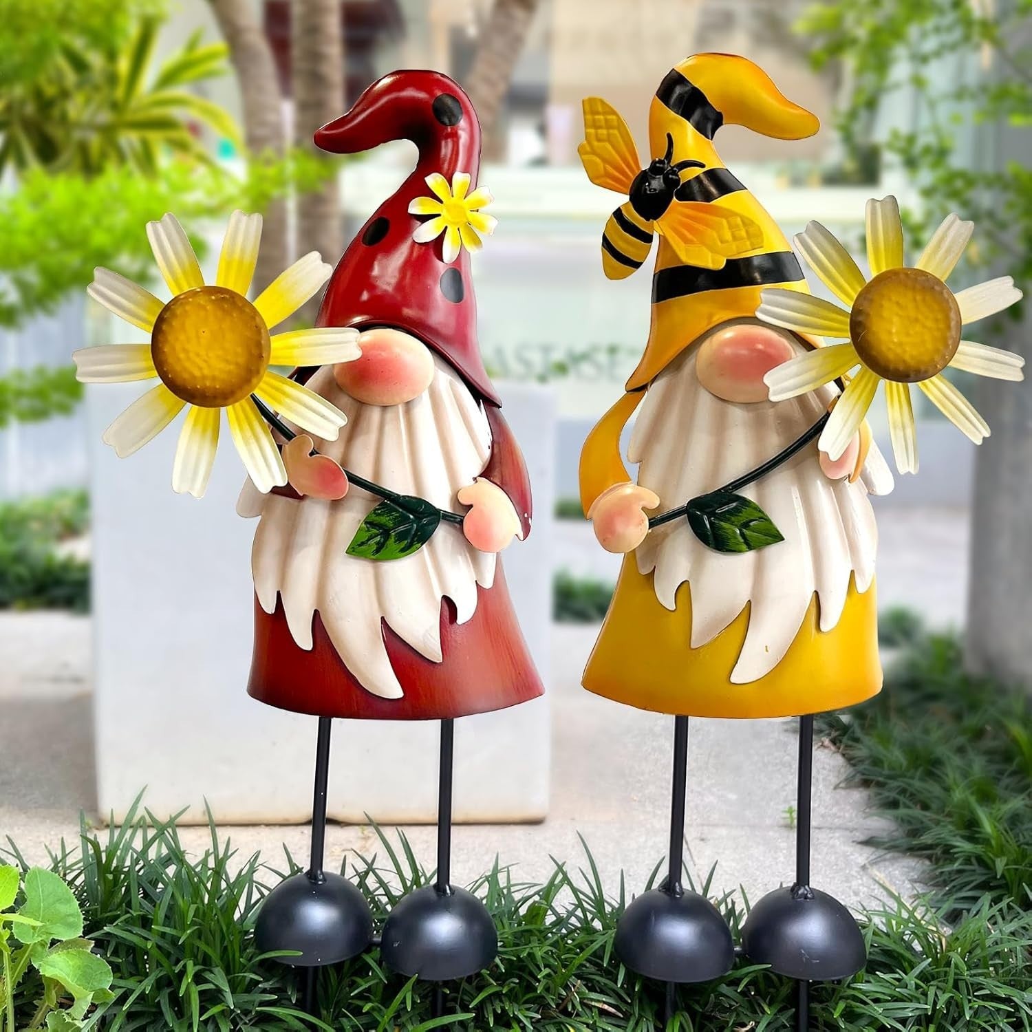 Metal Gnome Garden Ornaments Set of 2 Outdoor Sunflower Yard Decor 18"