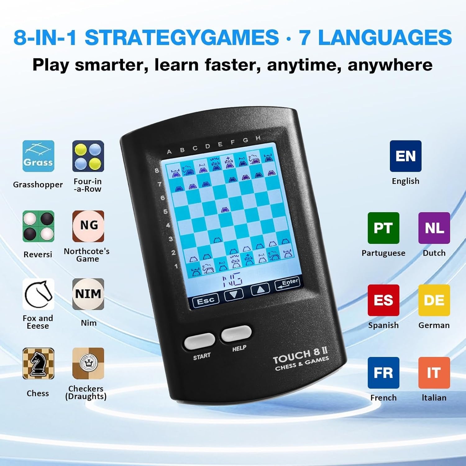 Portable 8-in-1 Electronic Chess Computer | HD Touch Screen | 220+ Games | Trave