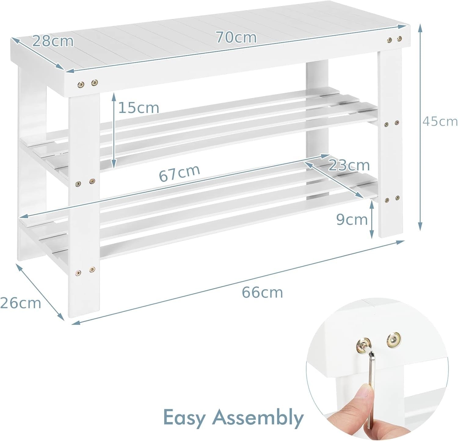 White Bamboo Shoe Storage Bench – 3-Tier Rack & Seat for Entryway 70cm