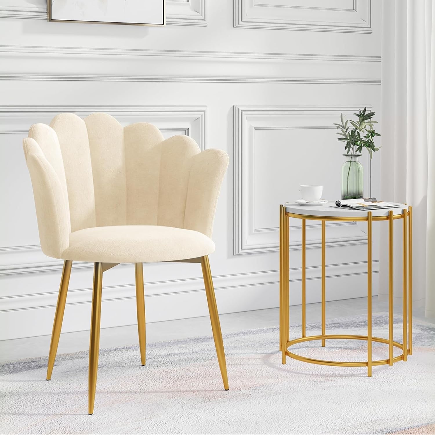 Velvet Vanity Chair Shell Back Gold Metal Legs Beige