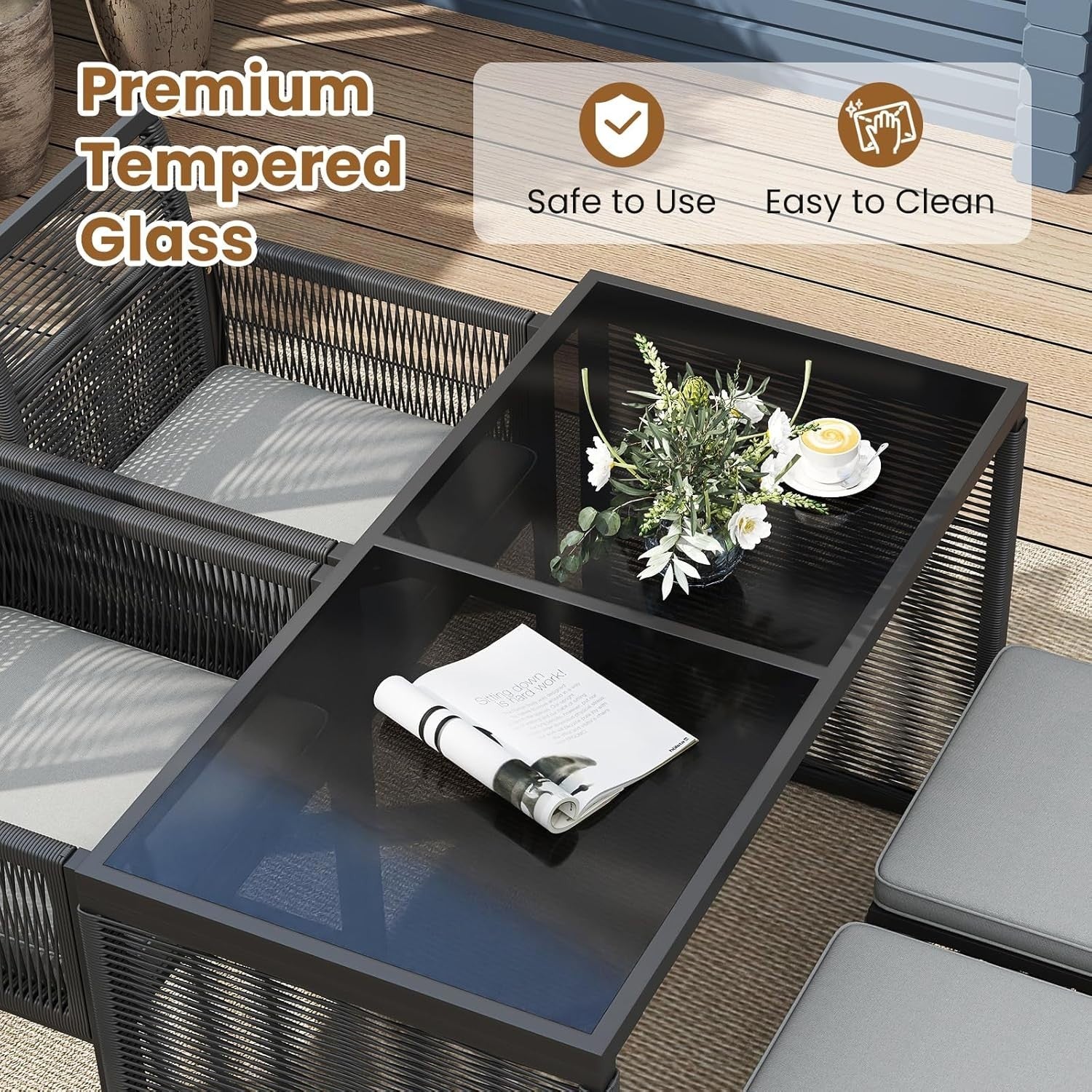 5 Piece Rattan Garden Dining Set Table Chairs Ottomans Cushions Space Saving