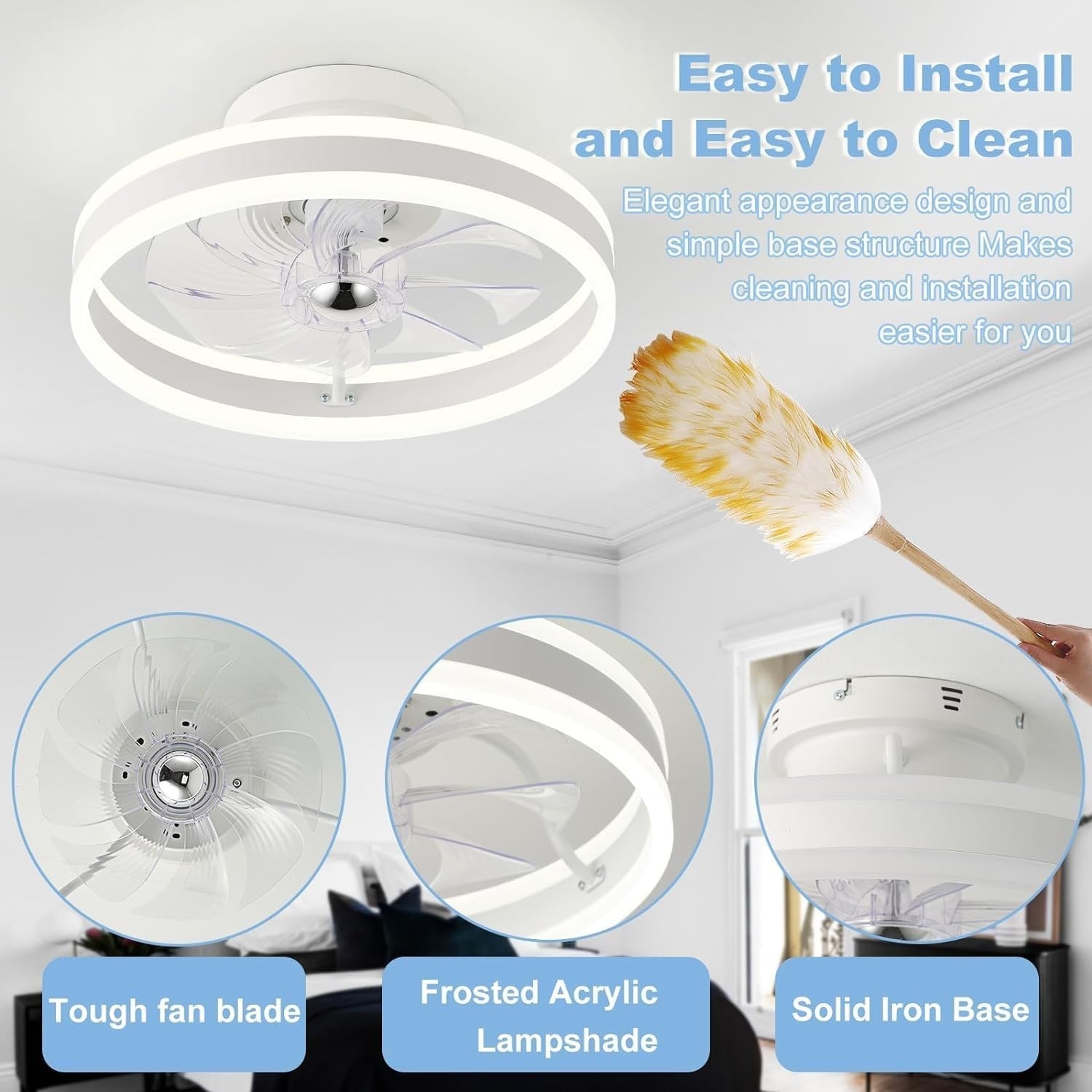 RIYNFO 16" Ceiling Fan, 6 Speeds, Dimmable 3CCT LED, Remote, Reversible