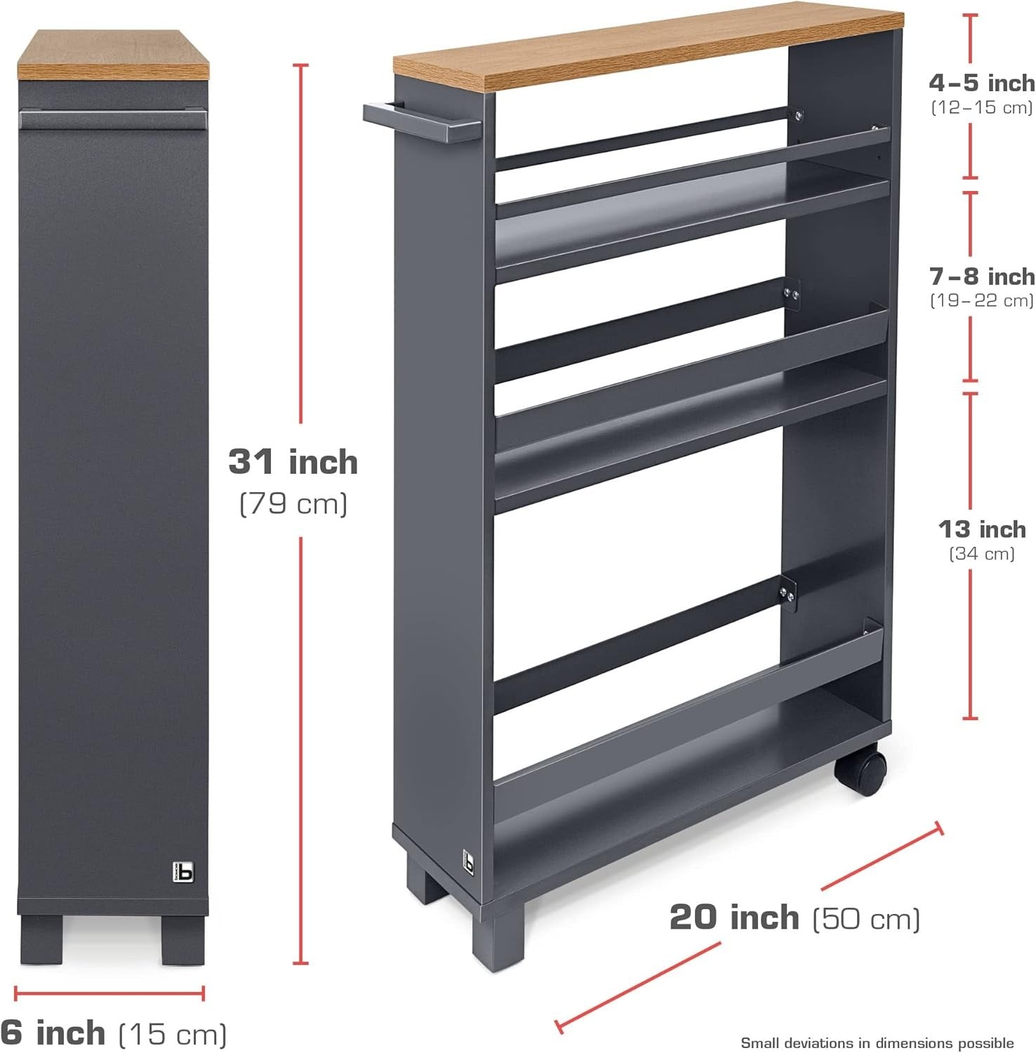 Slim Kitchen Storage Trolley Narrow Rolling Cart 3 Shelf Under Counter