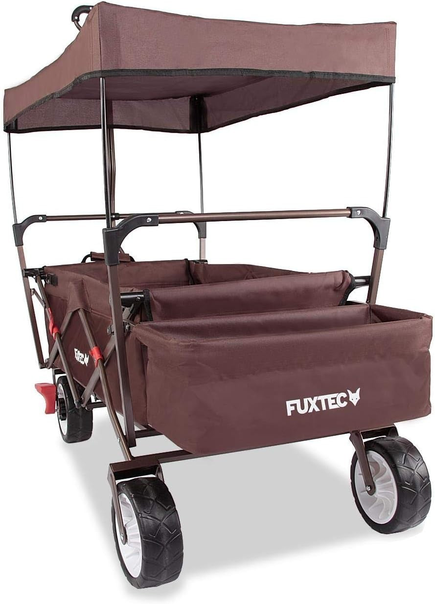 Brown Folding Wagon w/ Canopy Compact Pull Cart Garden Trolley w/ Rear Bag