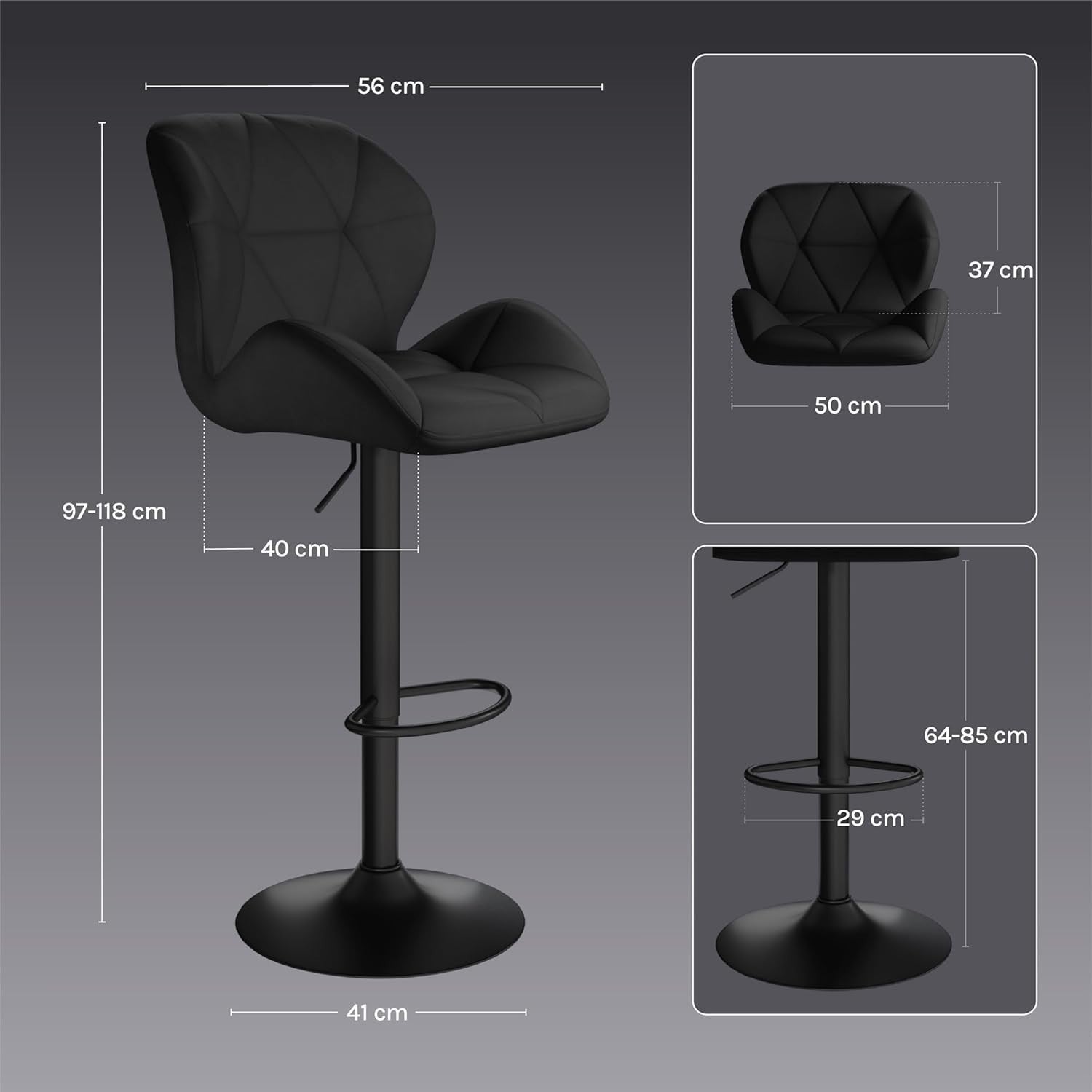 Velvet Swivel Bar Stools Set of 2 Adjustable Counter Chairs Black