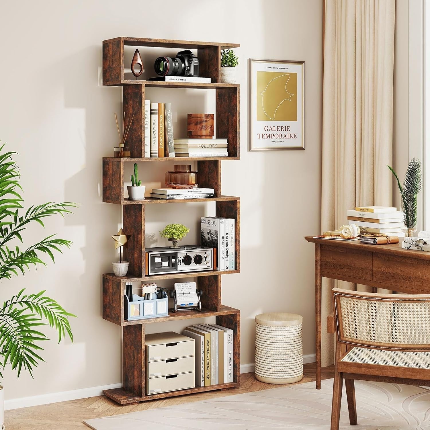 6-Tier S-Shaped Bookshelf Ladder Shelf with Anti-Tip Kits, Rustic Brown, Tall St