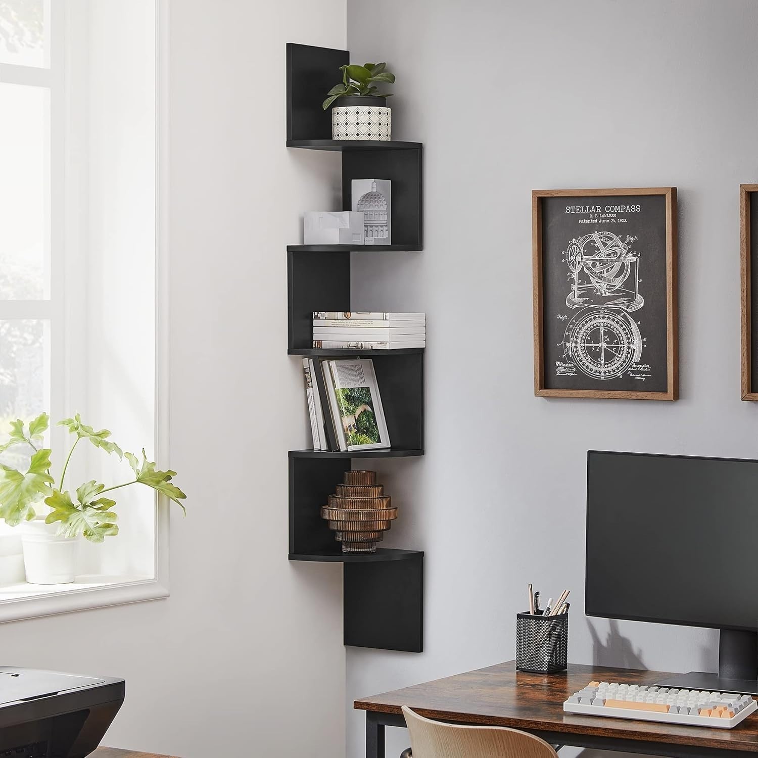 5 Tier Corner Wall Shelf Black Floating Zigzag Display Unit 126cm