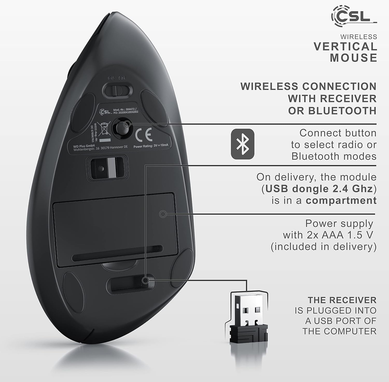 Vertical Ergonomic Wireless Mouse Bluetooth 2400 DPI USB Comfort