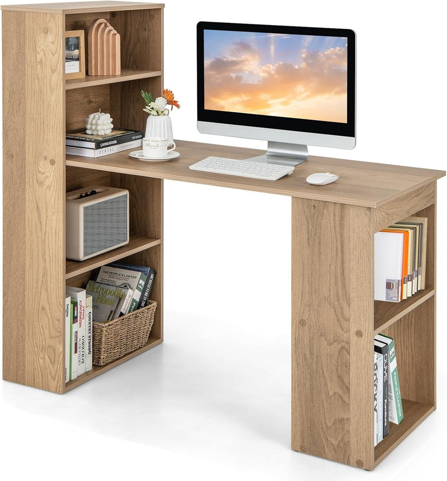 Natural Wood Computer Desk 122x52cm with 6-Tier Storage Shelves